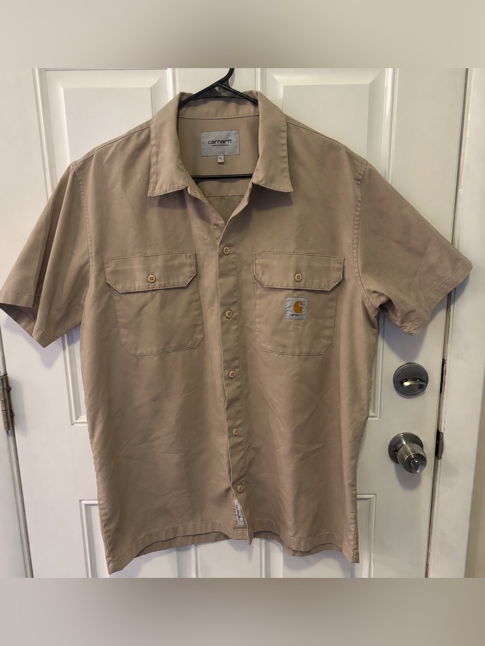 Carhartt Tan Short Sleeve Button Front Work Shirt Utility Pockets XL